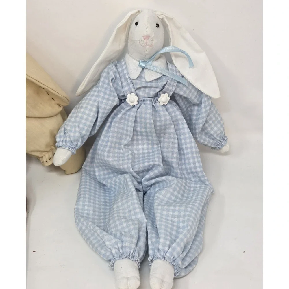 Country Farmhouse Fabric Bunny Rabbit Doll Pair Retro Striped Gingham Décor